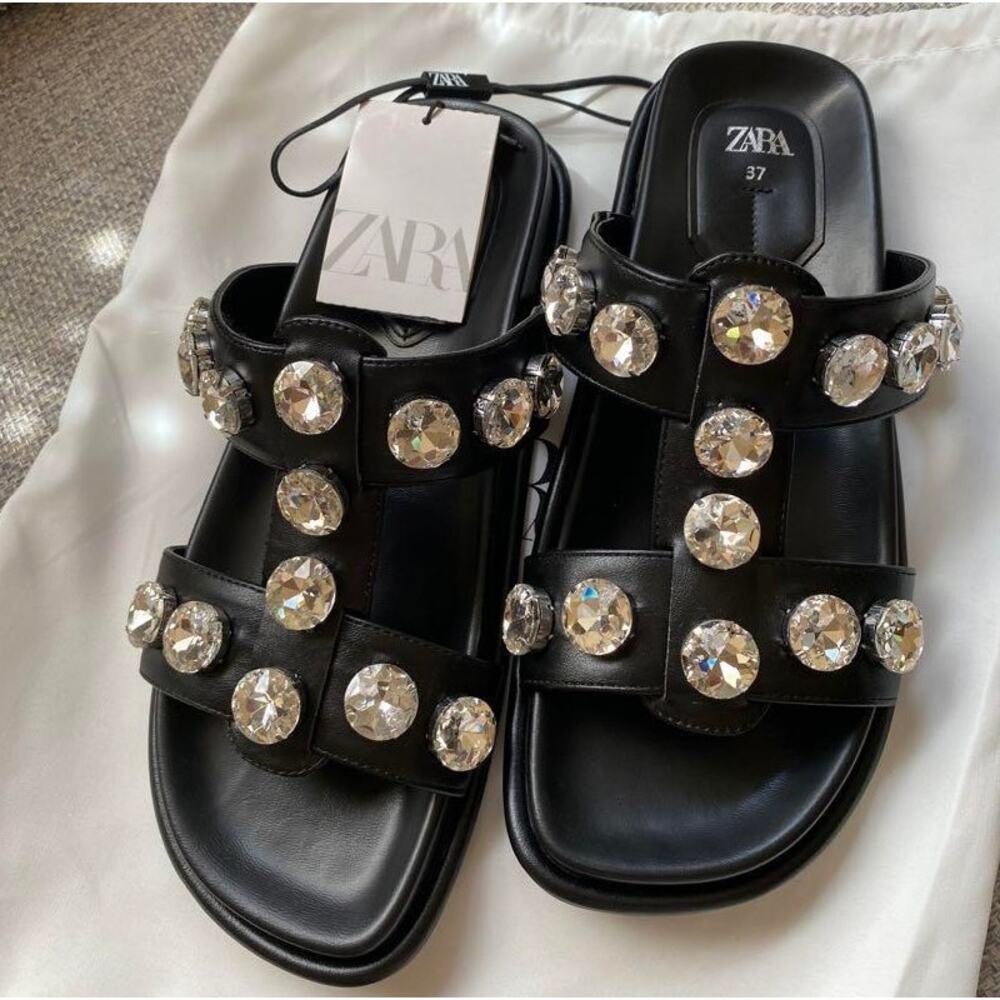 ZARA Black Crystal Embellished Flat Sandals NWT Double Strap Gem Slides Size 7.5 - Picture 9 of 16